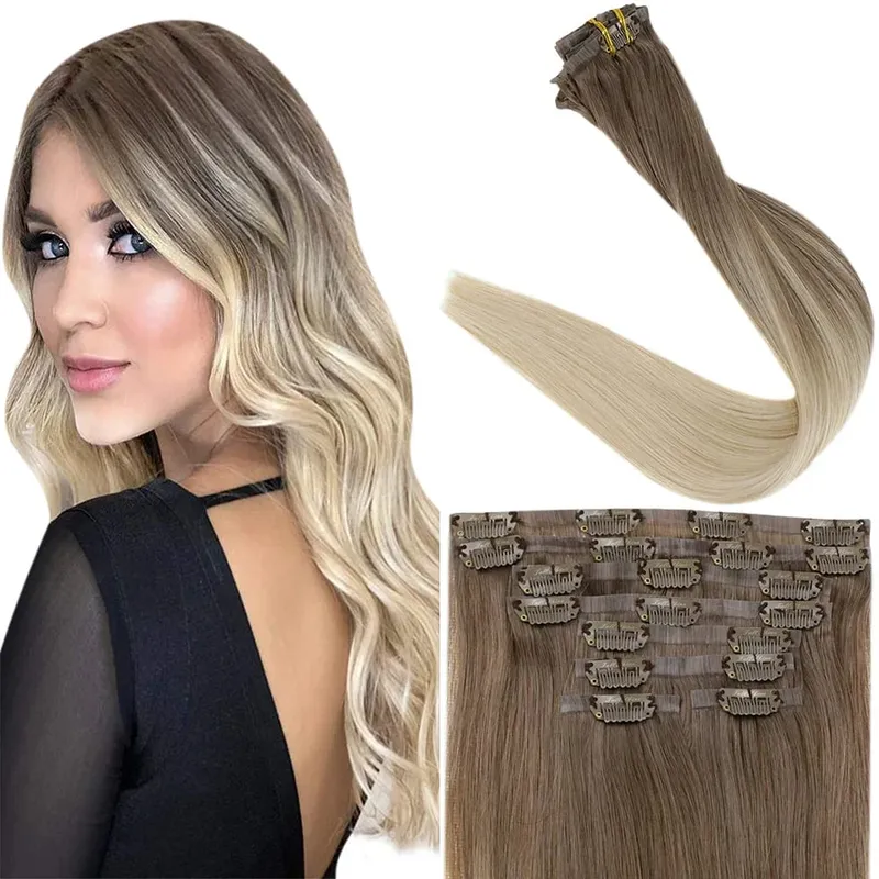 Full Shine Seamless Invisible Clip In Extensions Human Hair 8 τμχ 120g Remy Balayage Ξανθό Χρώμα — image 1