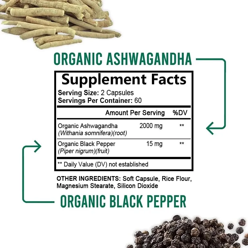 Daitea Organic Ashwagandha Extract Capsules 2000mg for Mood Sleep Energy Support - Antioxidant Supplement