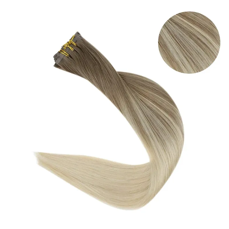 Full Shine Seamless Invisible Clip In Extensions Human Hair 8 τμχ 120g Remy Balayage Ξανθό Χρώμα — image 2
