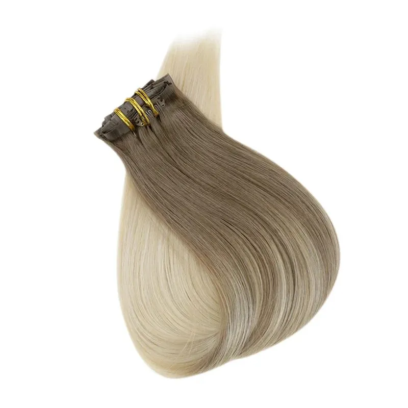 Full Shine Seamless Invisible Clip In Extensions Human Hair 8 τμχ 120g Remy Balayage Ξανθό Χρώμα — image 6