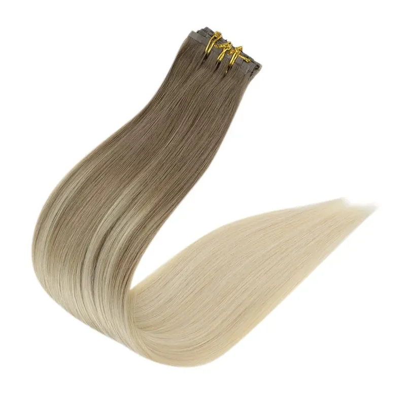 Full Shine Seamless Invisible Clip In Extensions Human Hair 8 τμχ 120g Remy Balayage Ξανθό Χρώμα — image 4
