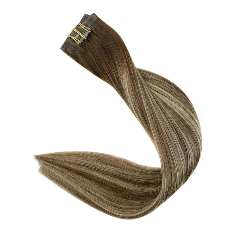 Full Shine Seamless Invisible Clip In Extensions Human Hair 8 τμχ 120g Remy Balayage Ξανθό Χρώμα