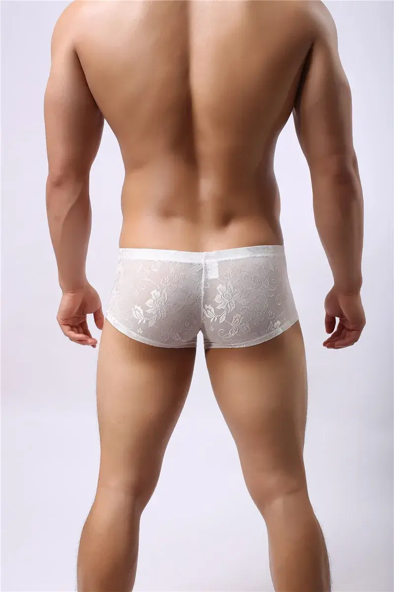 Sexy masculino boxers shorts malha homem roupa interior lingerie tronco malha transparente ver através de renda cuecas — image 4