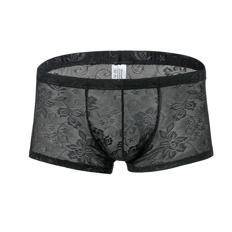 Sexy masculino boxers shorts malha homem roupa interior lingerie tronco malha transparente ver através de renda cuecas — image 6