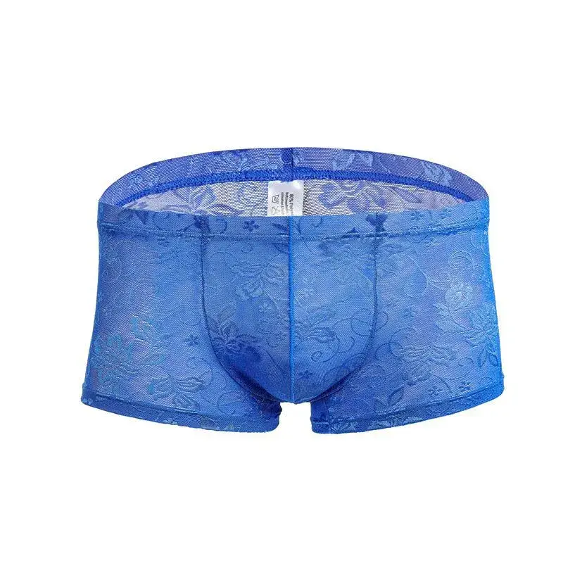 Sexy masculino boxers shorts malha homem roupa interior lingerie tronco malha transparente ver através de renda cuecas — image 9