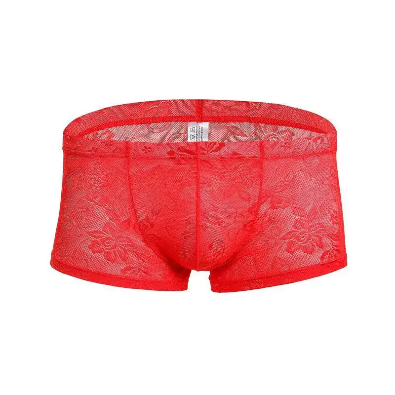 Sexy masculino boxers shorts malha homem roupa interior lingerie tronco malha transparente ver através de renda cuecas — image 12