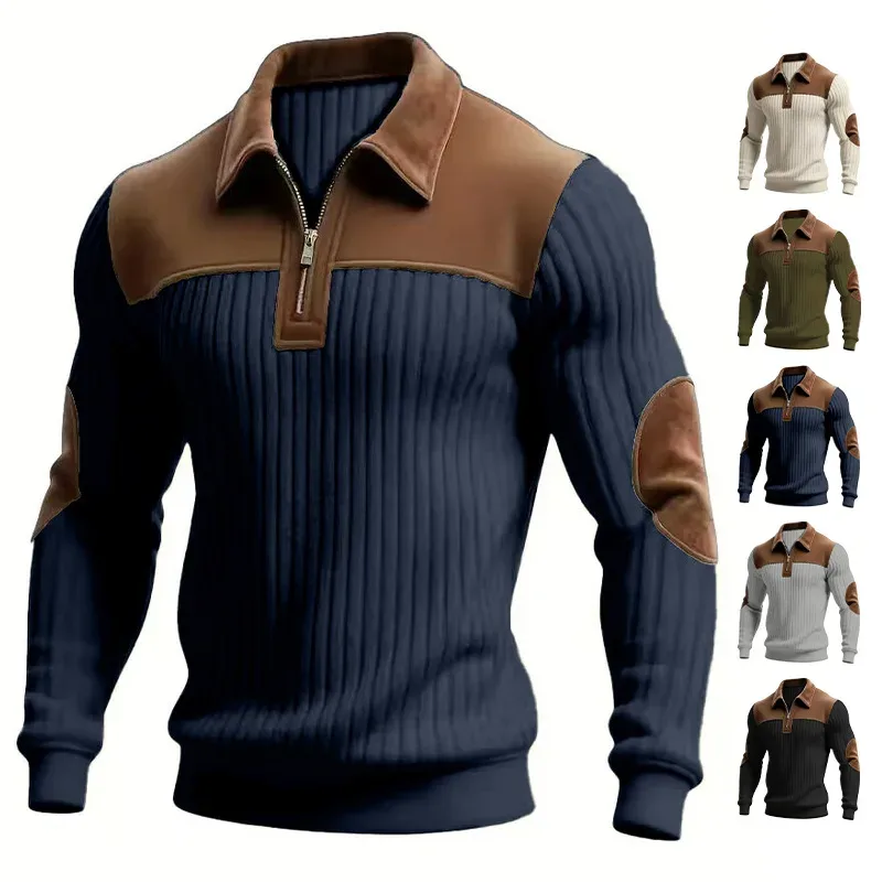 Hoodies moletom masculino 2026 nova malha lapela costura bordado casual esportes outono zíper moletom roupas masculinas — image 2