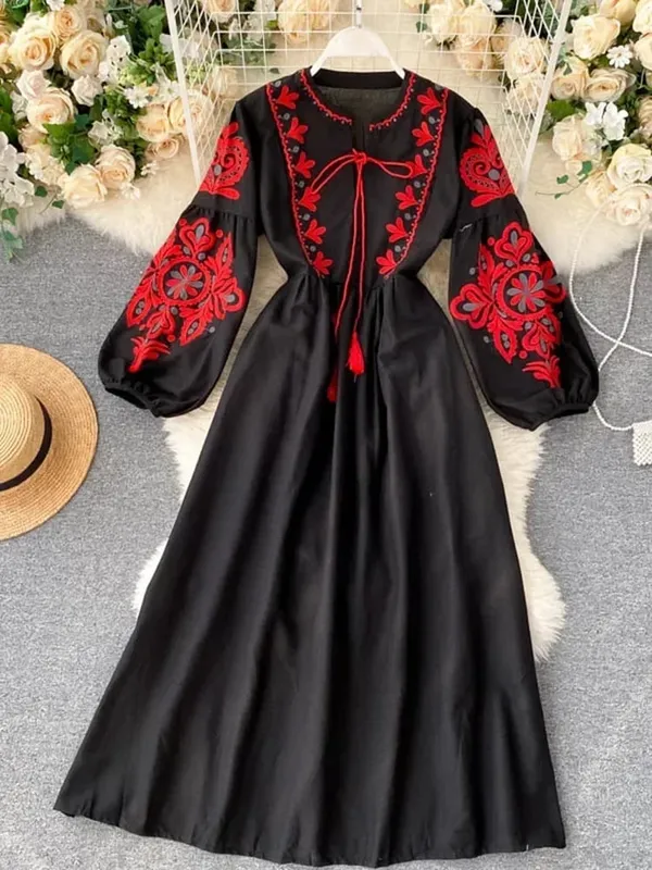 Női őszi ruhák Bohém hímzett virágos O-nyakú lámpás ujjú, magas derékú, redőzött ruha, Női Vestidos PL393 — image 8