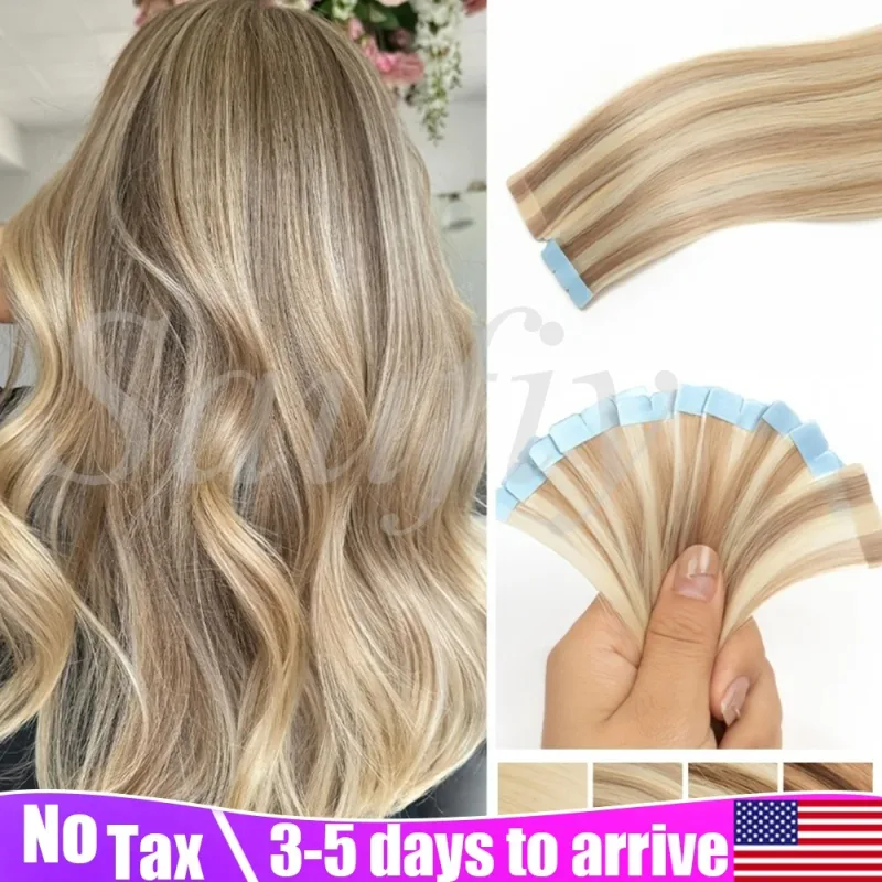 12-20inches Balayge Blonde Mini Tape in Human Hair Extensions Double Side Invisible Seamless Tape Ins Hair 10pcs/Pack Natural Straight Black Blonde Balayge Brown Mini Tape In Hair Extensions — image 1