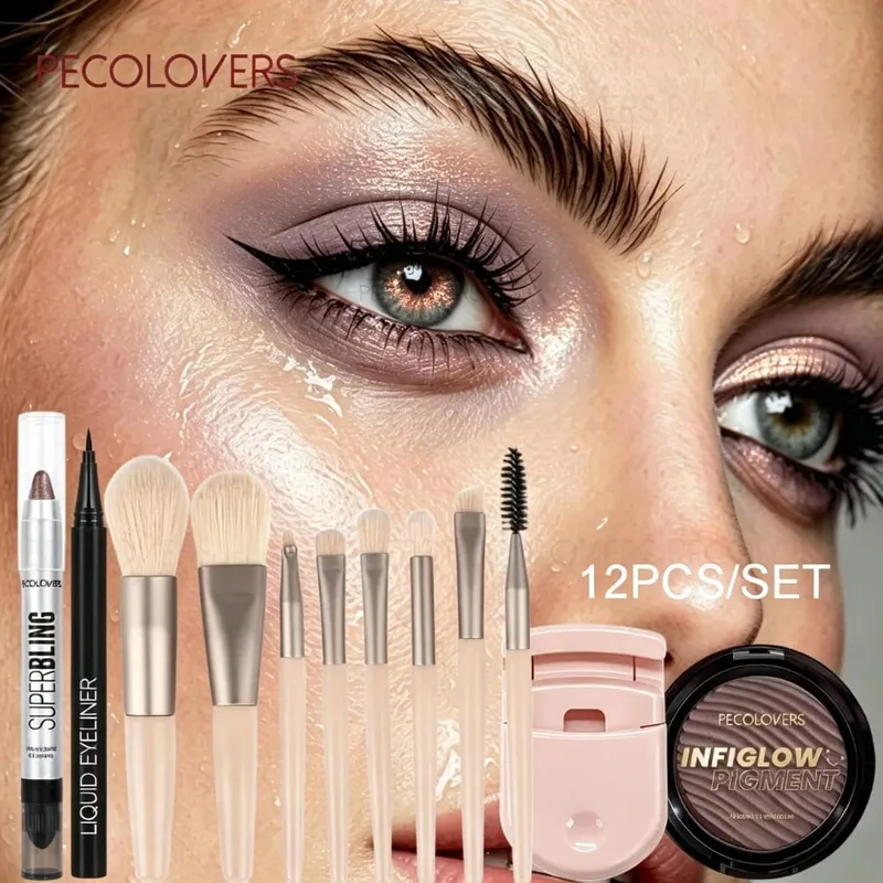 12PCS/SET Shimmer Eye Shadow Pen & Palette Liquid Eyeliner Lash Curler Eye Makeup Brushes Waterproof/Long Lasting