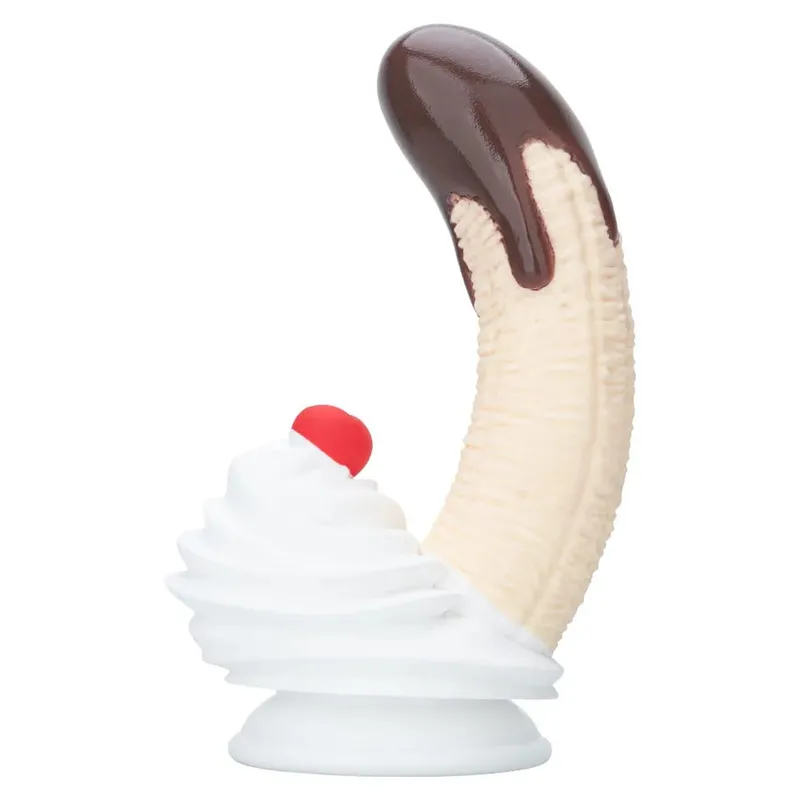 Banán Sundae szilikon vibrátor erős tapadókorongos krémmel és cseresznye dizájnnal, három méretű élelmiszer minőségű szilikon szexjáték unisex számára