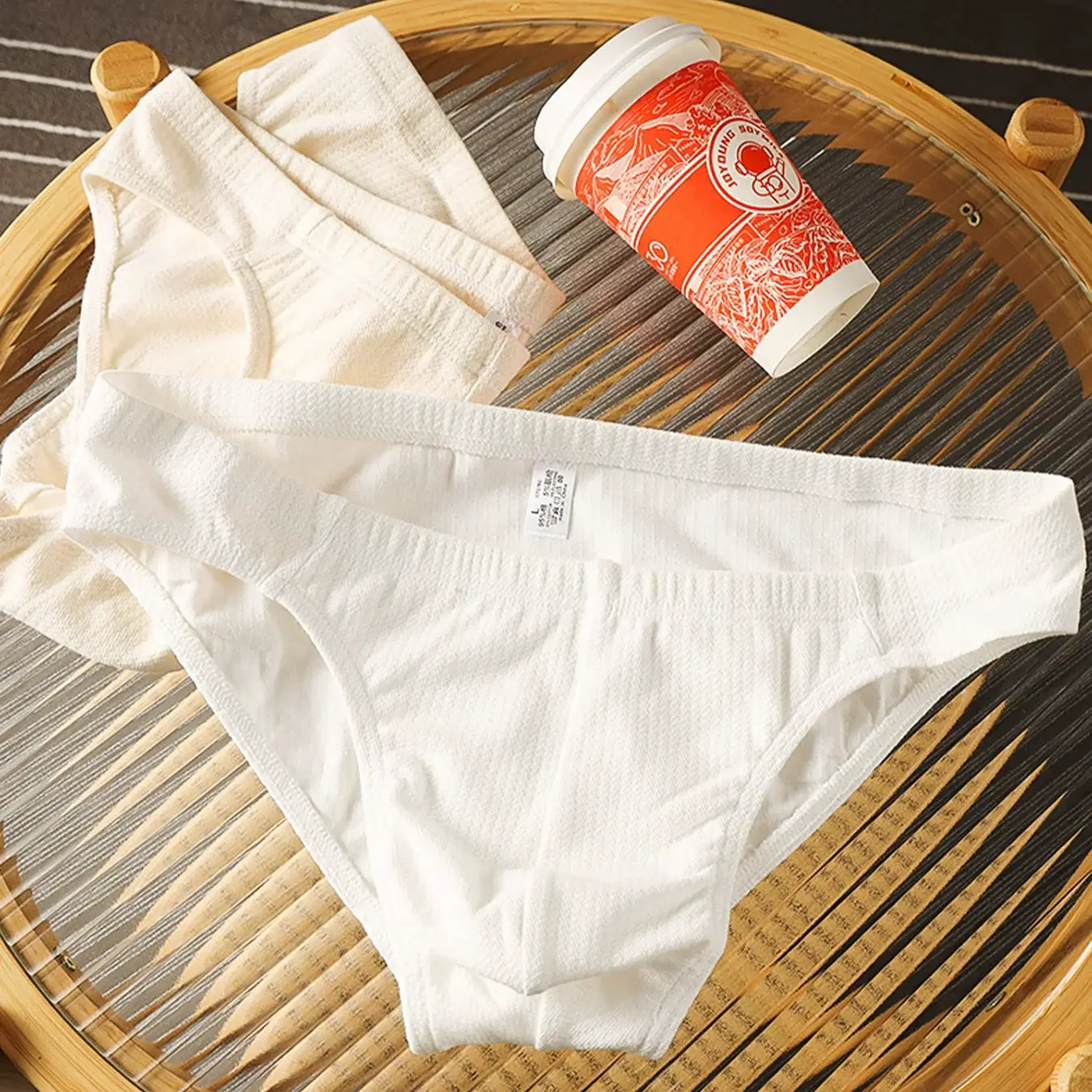 3-teiliges Herren-Slip-Set aus strukturierter Baumwolle mit niedriger Taille – minimalistische, einfarbige Unterwäsche (Beige/Weiß/Hellgrau) — image 3