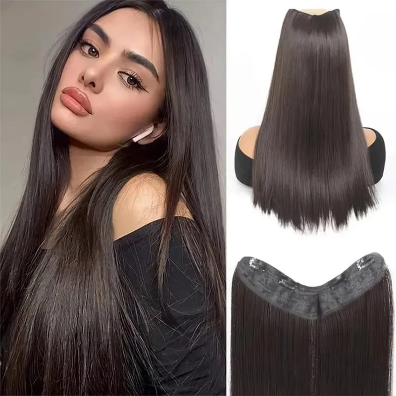 Szintetikus, hosszú, egyenes V-alakú félfejű paróka nők számára fekete barna hajcsipesz arany fekete barna természetes paróka