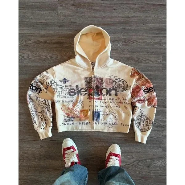 Sweatshirt Jacka Dragkedja Luvtröja Aprikostryck Bokstäver Tecknad Mode Multifunktionell Retro Y2K High Street Herr och Dam