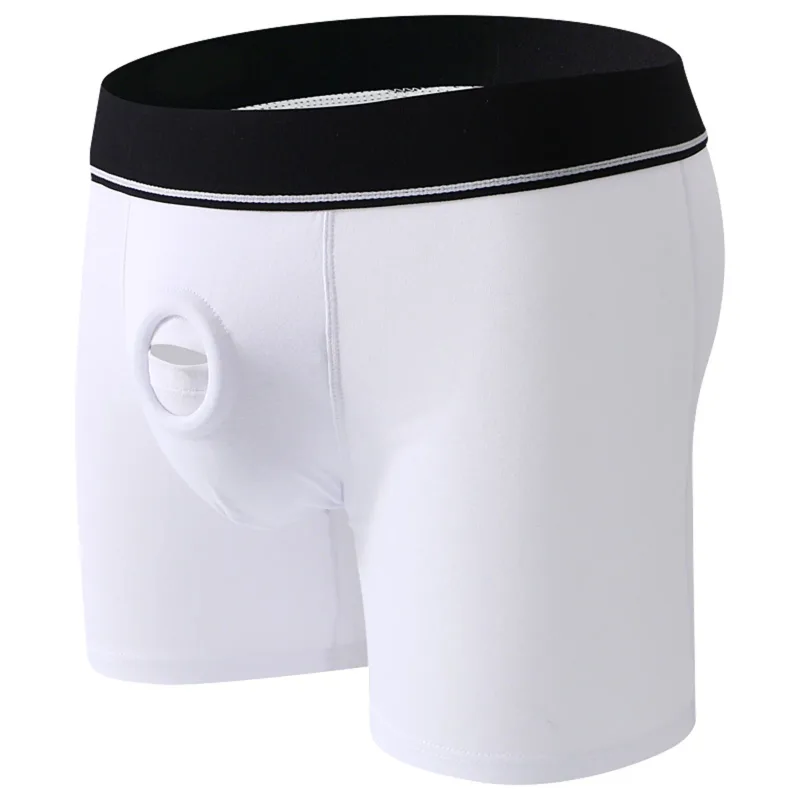 Anel peniano masculino sexy jock buraco boxers cockring homem shorts roupa interior calcinha de algodão bolsa aberta cuecas longas boxershorts