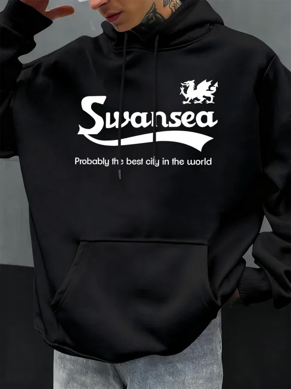 Swansea The Best City Letter Design Autumn Men Hoody Pocket Hoodie Kasual Fleece Soft Pullover Pakaian Hip Hop Tops Longgar — image 1