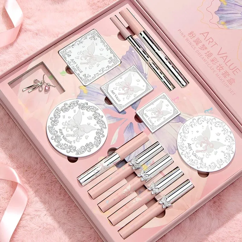 Πολυτελές σετ μακιγιάζ Pink Butterfly Cosmetic Kit Eyeshadow Palette Lip Tint Blush Mascara Eyeliner Highlighter Beauty Makeup Δώρο