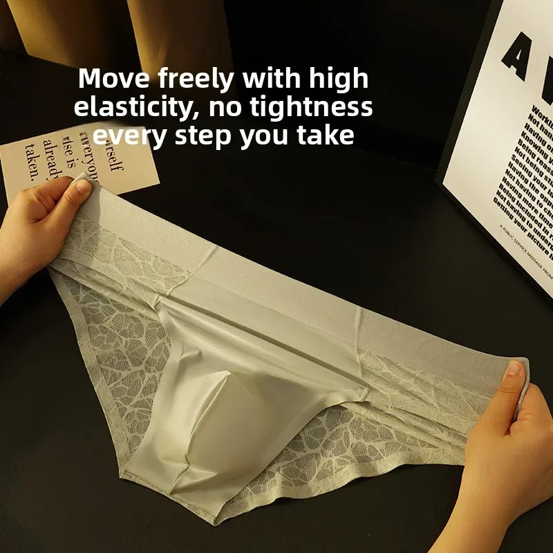 Sem costura jacquard homens triângulo roupa interior de seda gelo fina respirável calcinha de secagem rápida cuecas masculinas sexy u bulge bolsa