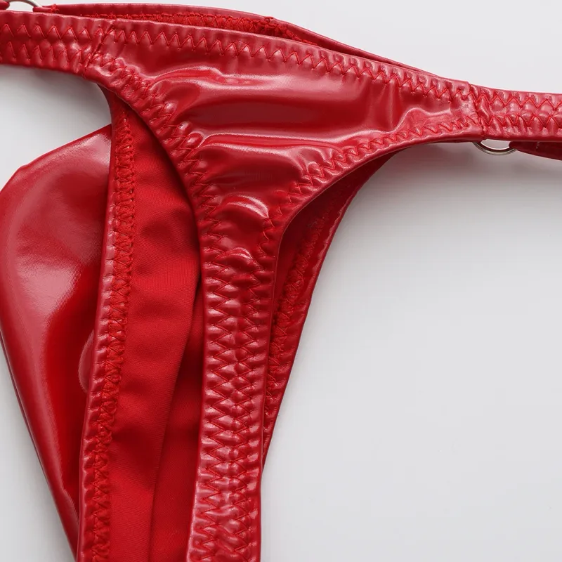 1st män glänsande läder midja med metallring G-strängar stringtrosor Gay Bulge påse Låg midja Stretchiga underkläder Rumpexponerande Sexig — image 9