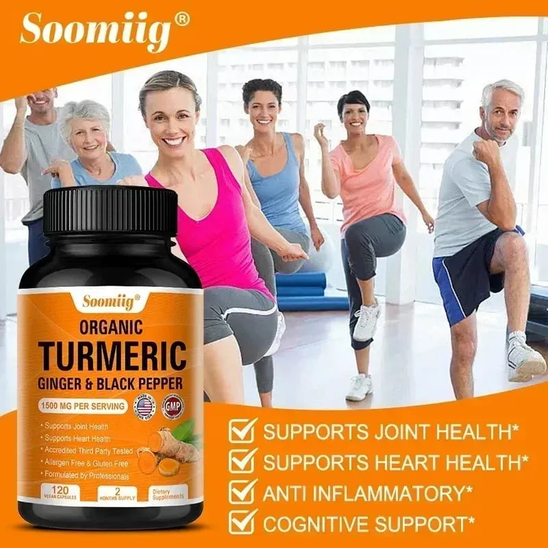 Organic Turmeric High Strength 1500 Mg | 120 Capsules with Black Pepper Ginger and Active Curcumin Joints Heart Cognition