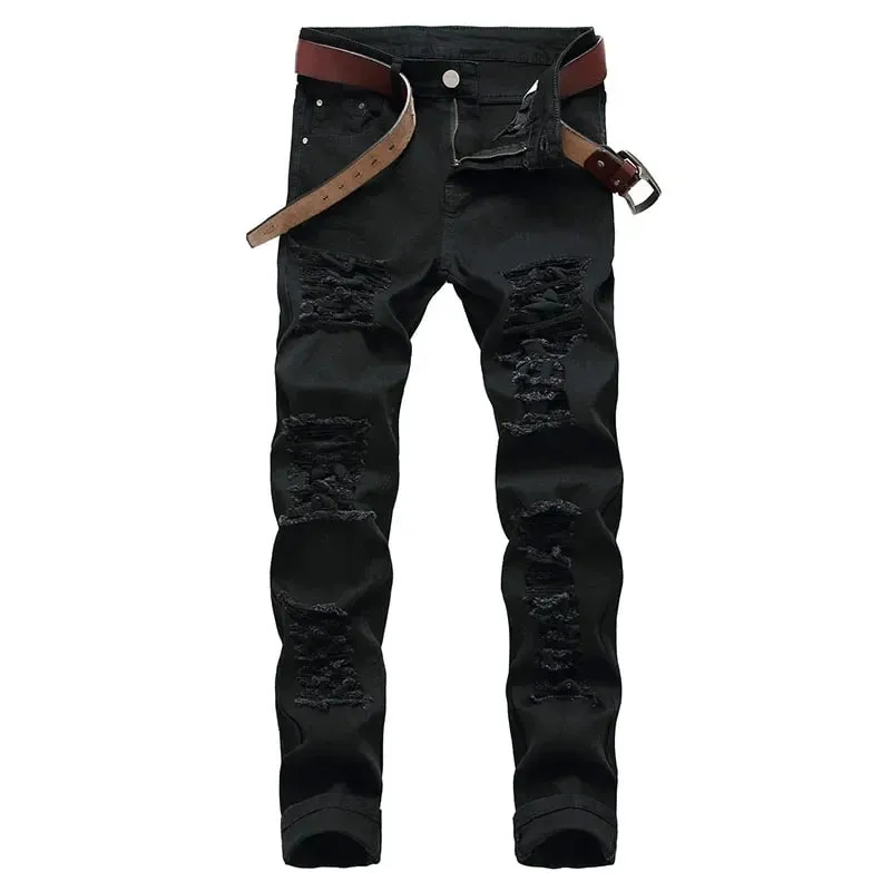 2025-ös Hole Farmer nadrágok Férfi Tide márka Ruined Hole Farmer Solid Slim All match High Street Hip Hop Nadrág Piros Fehér Nagy méret
