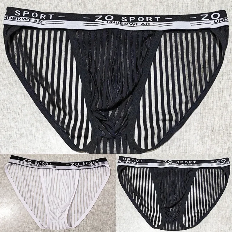 Striped Men's High Slit Sexy Pouch Underwear Ice Silk See Through Comfortable Male Triangle Briefs Man Underclothes — image 7