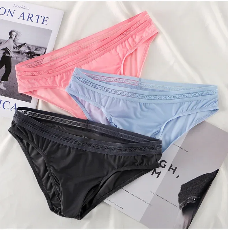 1/3PCS Men's Ice Silk Briefs Ultra-thin Quick Dry High Elastic Lace Waistband Panties Sexy Seamless Breathable Bikini Underwear — image 22