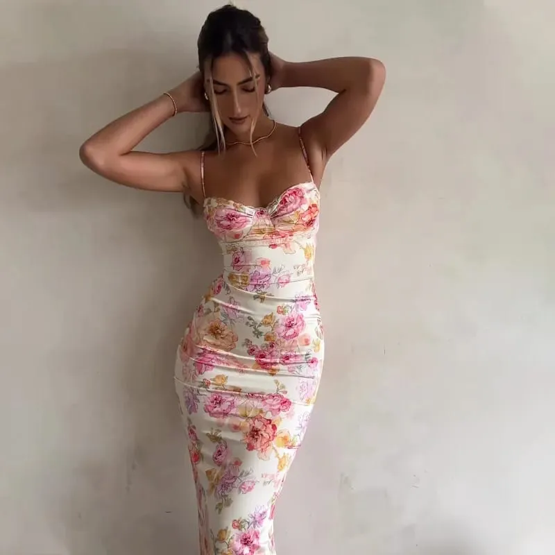 Νέα Floral Ζαρτιέρες Split Slim αμάνικο Patry Beach Φόρεμα Spaghetti Strap Γυναικεία Ρούχα Μίνι Φόρεμα 2024 Καλοκαίρι