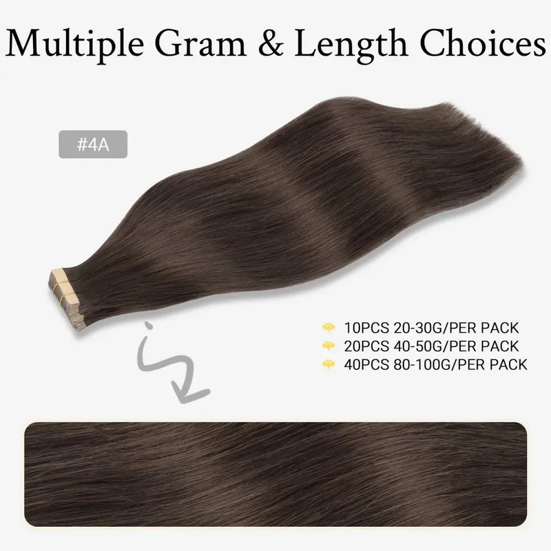 Sunmofavo Tape In Remy Human Hair Extensions Παχιά μεταξένια ίσια φυσική καφέ αόρατη ταινία 20 τμχ. — image 3