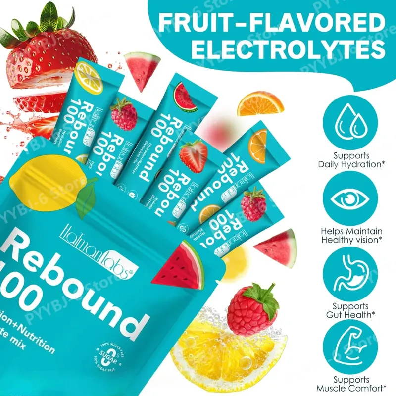 HolmanLabs Rebound 100 elektrolit-kiegészítő por, cukormentes hidratálás, béllátás, izom egészsége C-vitamin B6 B12 30 csomag — image 3
