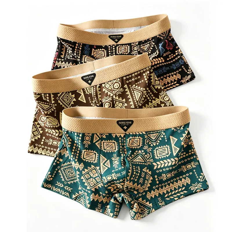 3 pçs/set moda masculina roupa interior retro impressão geométrica boxer briefs macio respirável meados de cintura roupa interior confortável shorts