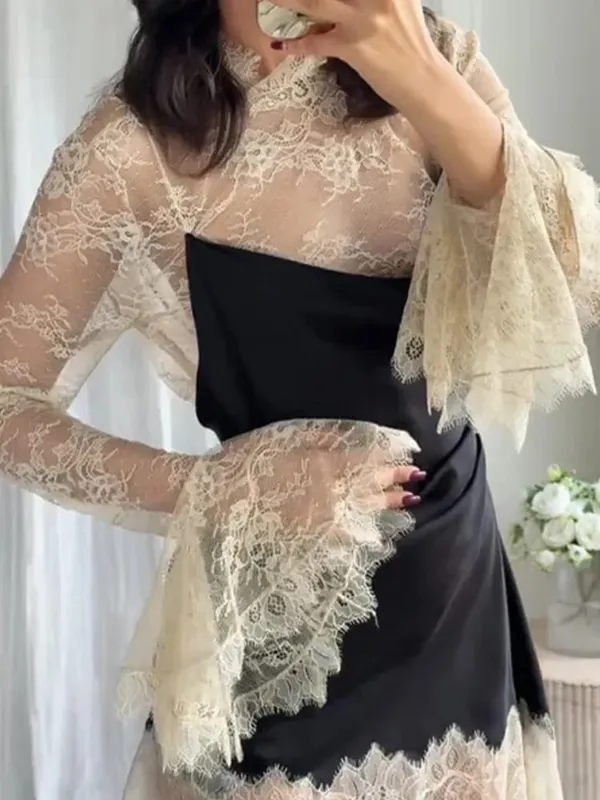 Elegáns szatén virágos csipke patchwork mini ruha nőknek, szabálytalan szegélyű, hosszú ujjú női ruhák, 2026-os elegáns esti parti Vestidos — image 6