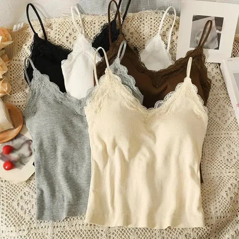 Women Sleeveless Tank Tops Solid Color Korean Version V Neck Slim Fashion Lace Stitching With Chest Pad Camisole — image 2