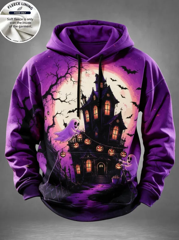 Português: Halloween casa assombrada fantasma abóbora morcego estampa moletom masculino forrado de lã POD moletom casual pulôver de manga comprida — image 4