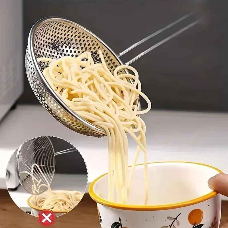 Stainless Steel Colander with Wooden Handle - Fine Mesh Skimmer Spoon for Cooking Food Prep Grease Filtering for Pasta Noodles — image 4