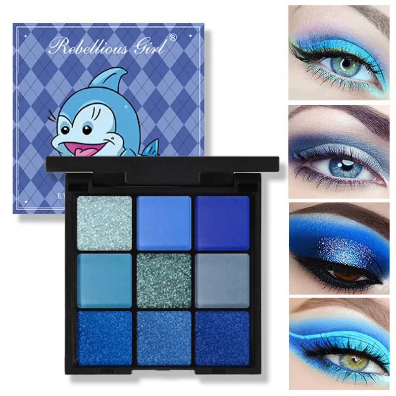 9-color Dolphin Blue Sweat-proof Natural Matte Pearlescent Glitter Eyeshadow Palette Eye Makeup for Music Festival Cosmetics
