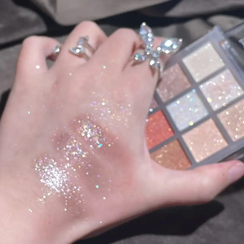 Παλέτα σκιών ματιών Glitter 9 χρωμάτων Earth Color Pearlescent Eye Shadow Shimmer Highlights Sparkling Sequin Champagne Eyes Makeup