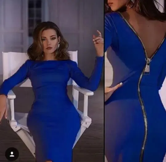 Ανοιξιάτικο νέο μεγάλο μέγεθος Bodycon φόρεμα Μονόχρωμο Στρογγυλή λαιμόκοψη μακρυμάνικο πίσω στενό φόρεμα με φερμουάρ Γυναικεία ρούχα D1240 — image 9