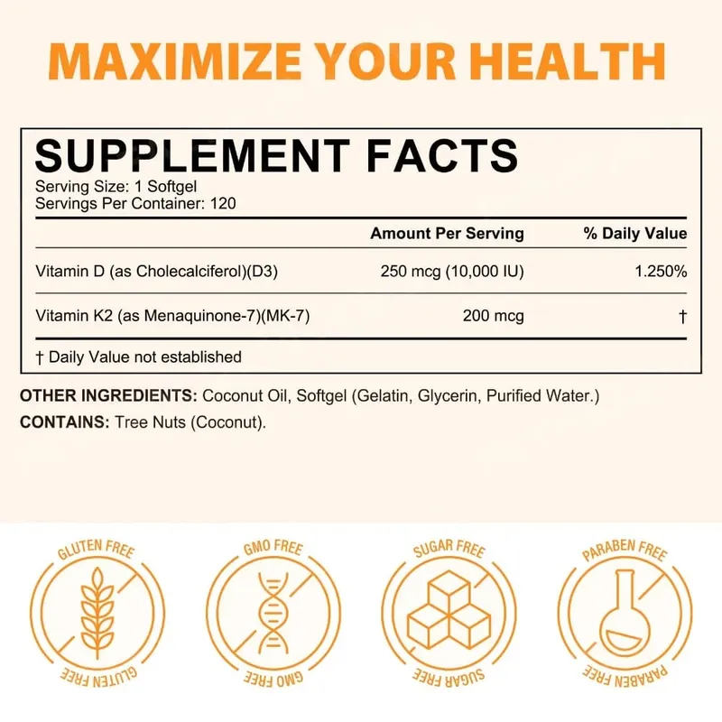 AcentiaLabs D3- és K2-vitaminos lágyzselé kókuszolajjal, immunfunkcióval és csonttámogatással gluténmentes, nem GMO 120 lágyzselé — image 3