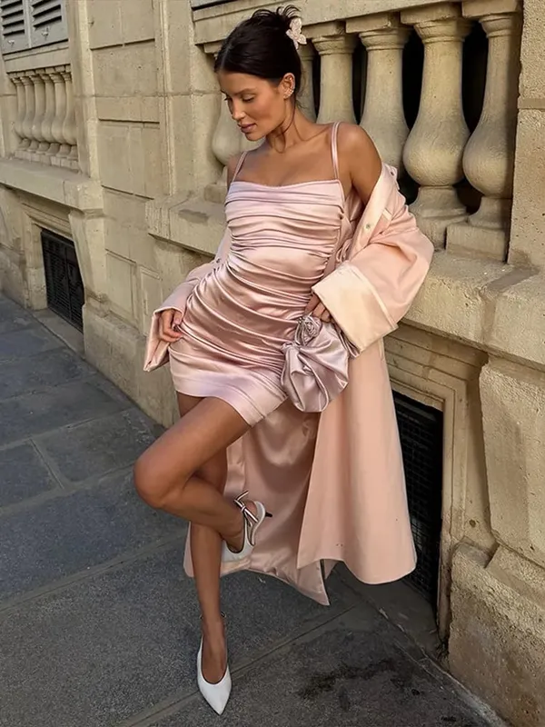 Women Dress Satin Spaghetti Strap Maxi Dresses All Side Ruched Gathered Waist Bodycon Slimming Evening Party Wedding Dress Lady — image 4