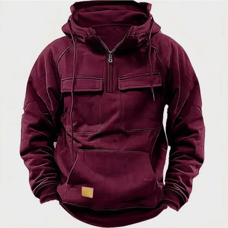 Novo outono-inverno masculino com capuz de cor sólida casual hoodie-moda jovem multi-bolso remendo moletom com capuz pulôver camisa — image 3