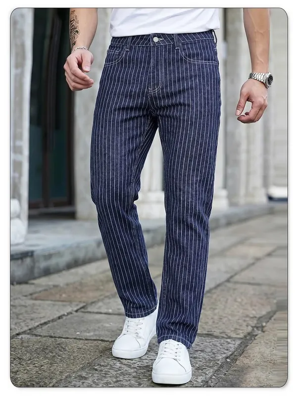 אור יוקרה כחול לבן פסים Jacquard Slim Fit אלסטי ג'ינס ישר רגל ג'ינס עסקי בסגנון קז'ואל נסיעות מכנסי ג'ינס