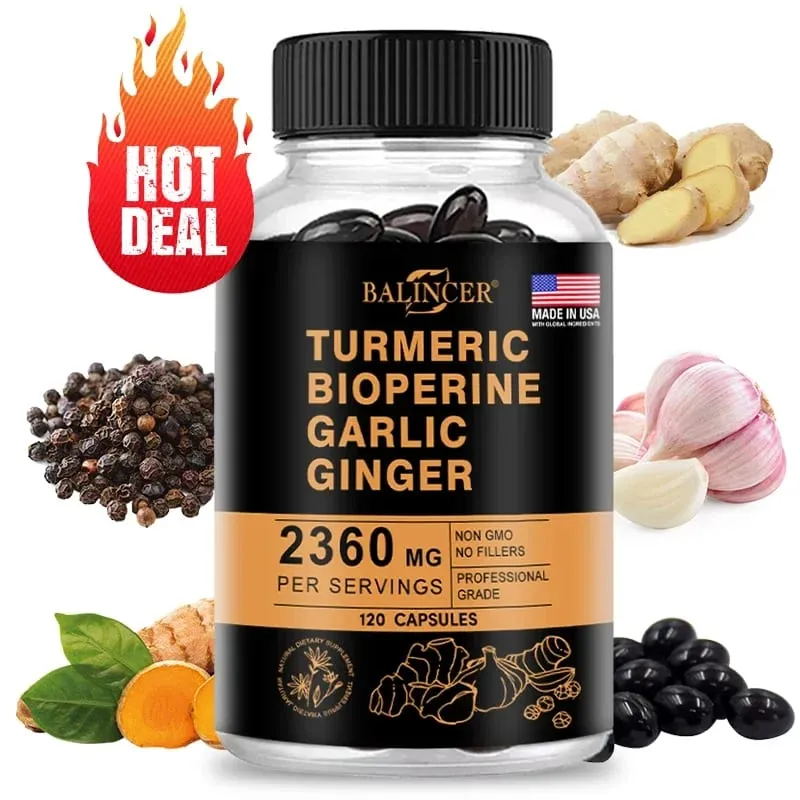 Kurkuma gyömbér-kiegészítő piperinnel 2360 Mg fokhagymával Comfort Emésztést és immunrendszert segítő tápanyag-kiegészítő kalcium-gluténmentes — image 1