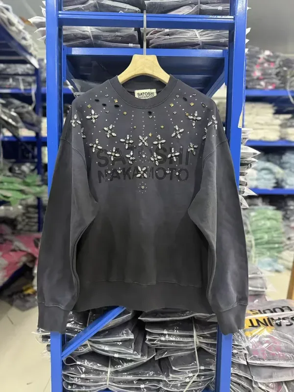 Letters Logo Rhinestone Rivet Satoshi Nakamoto Sweatshirts Men Women Streetwear Vintage Washed Charcoal Gray Green Pullovers Tag