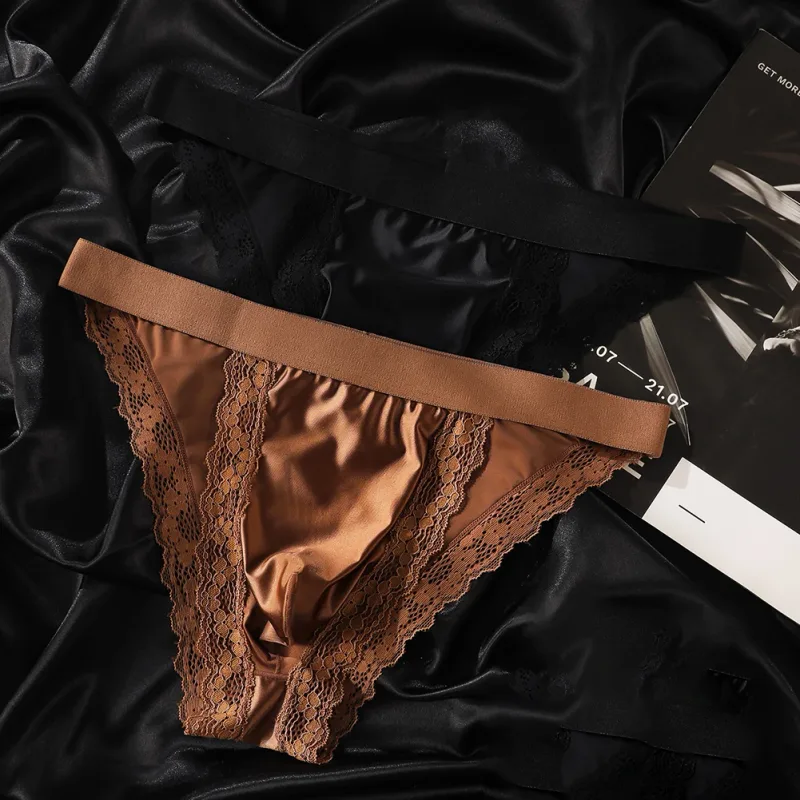 Satin-like Comfortable Men Panties Lace Trim Briefs Sexy High Fork Bikinis Underwear Breathable Low Waist Pouch — image 6