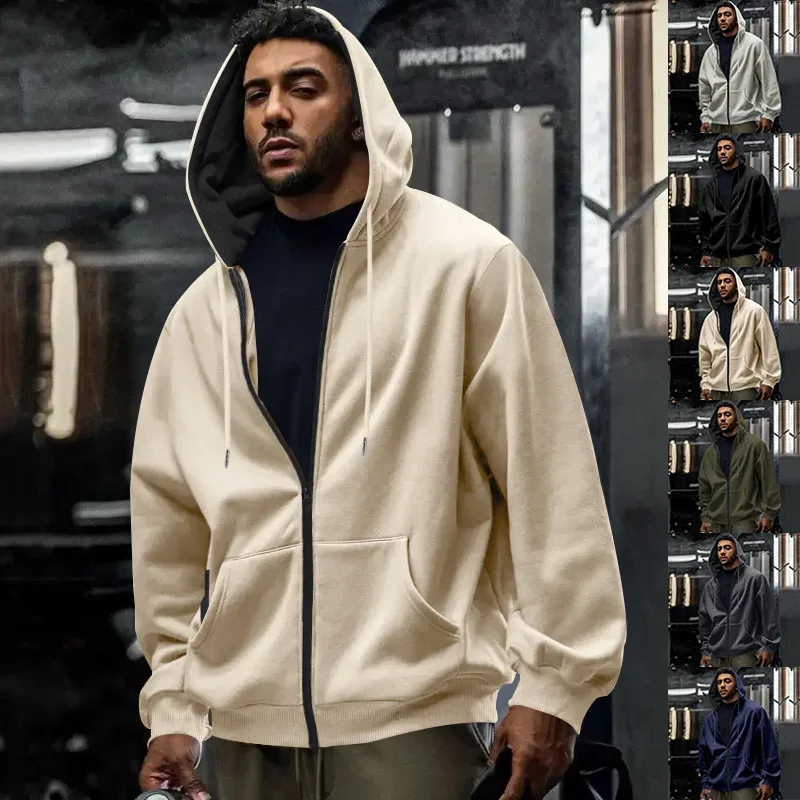 Novo 2026 outono casual sólido manga longa zíper com capuz moletom casaco masculino moda ao ar livre roupas esportivas jaquetas — image 45