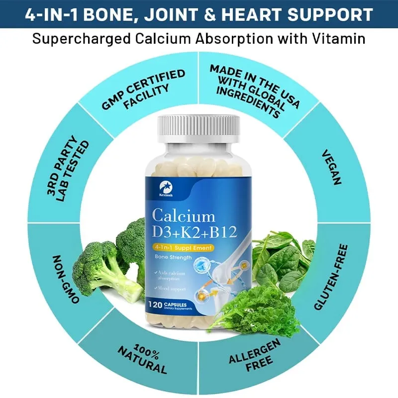 Kexinsh Vitamin D3K2 Capsules Vb12 Calcium Support Calcium Absorption Bone Teeth Heart Brain Health Joints Immune Function