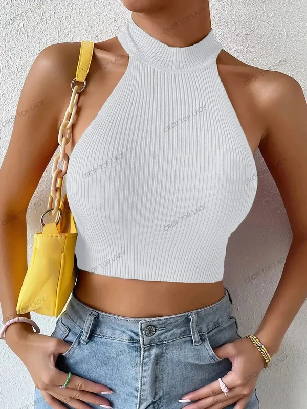 2026 tavaszi női alapok Solid alkalmi szexi bordázott kötött ujjatlan fűző Halter Crossfit Crop Tops Y2k ruhák női felső — image 19