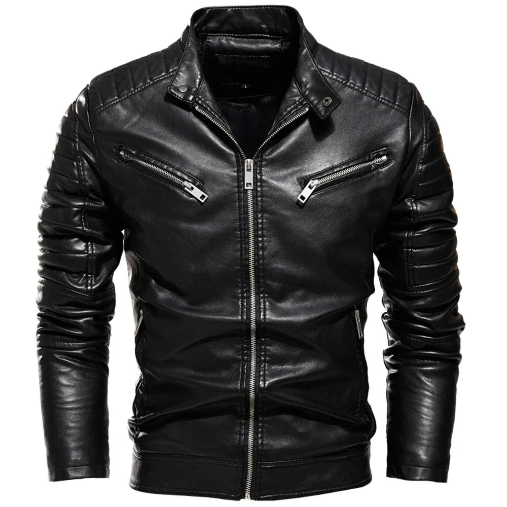 2025 Winter Black Leather Jacket Men Fur Lined Warm Motorcycle Jacket Slim Street Fashion BLack Biker Coat Pleated Design Zipper — image 5