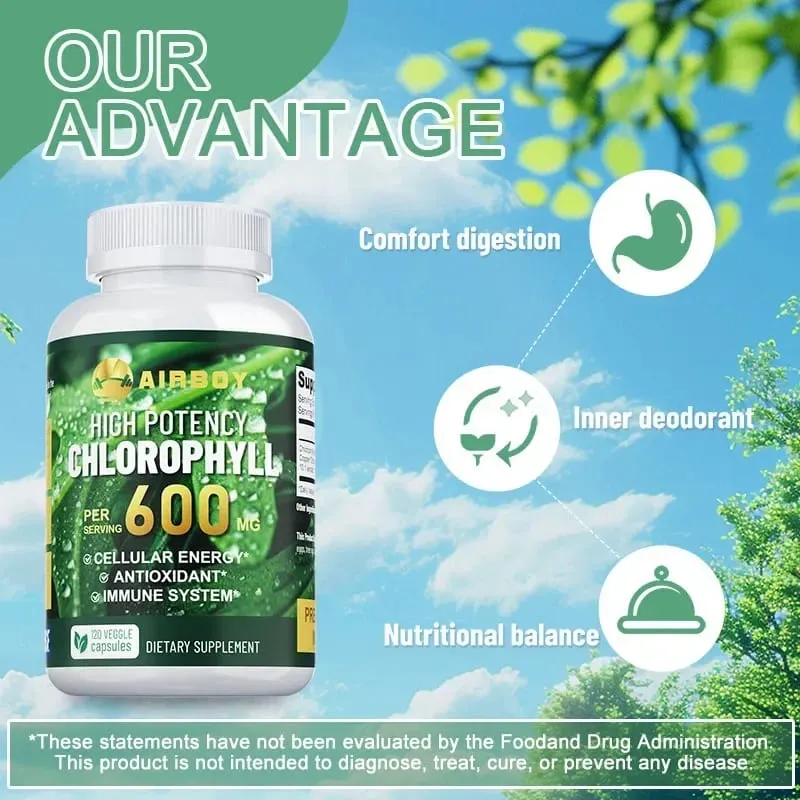 Chlorophyll Supplement 600mg - Supports The Immune System Reduces Body Odor and Bad Breath Boosts Energy Antioxidant — image 6